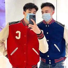 Men s Jackets Brand Men C Embroidery Leather Jacket High Quality Cashmere Patchwork Coat Famous Pocket Design Unisex Stripe Baseball Uniform 231005