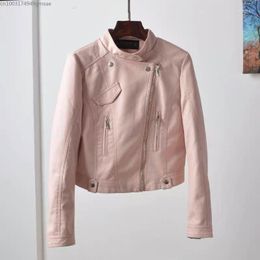 Women's Leather Autumn Winter Short Skinny Slim Jacket Pink Coat Stand Up Collar Zipper Motocycle Sweet Jackets