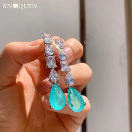 Ear Cuff Trend Vintage Paraiba Tourmaline Emerald Lab Diamonds Drop Long Earrings for Women Elegant Gemstone Party Fine Jewellery Gift 231005