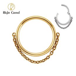 Nose Rings Studs Right Grand ASTM F136 16G Hinged Segment Clicker Septum Ring with Chain Nose Ring Cartilage Earring Helix Lobe Piercing 231005