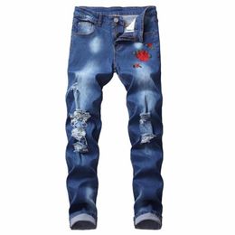 Men's Jeans 8 Colors Mens Ripped Fashion Embroidery Rose Men Light Blue Slim Fit Stretch Denim Pencil Pants 42216v