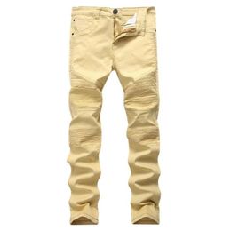 Men's Jeans Top Quality Khaki Biker Jeans Pleated Design Mens Skinny slim Stretch Denim pants New Arrival Hip-Hop Street Ripp230t