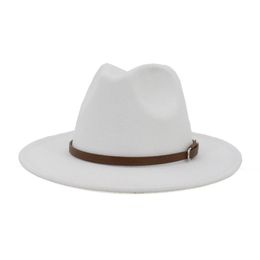 European US Women Men Artificial Wool Felt Fedora Hats with Coffee Leather Band Wide Brim Panama Jazz Cap White Black Large Size2939