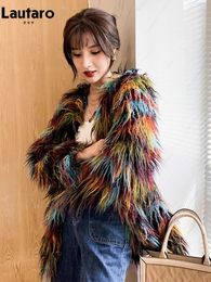 Women's Fur Faux Fur Lautaro Autumn Winter Colorful Soft Thick Warm Hairy Shaggy Faux Fur Coat Women Long Sleeve O Neck Luxury Fluffy Jacket 231006