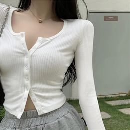 Women's Knits Tees Korean Style O-neck Short Knitted Sweaters Women Thin Cardigan Fashion Open Front Button Up long Sleeve Crop Top t shirt women 231006