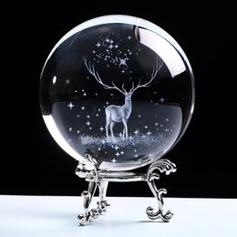 Christmas Decorations 3D Wapiti Ball Laser Engraved Glass Globe Crystal Ornament Miniature Reindeer Home Decor Christmas Decoration Accessories Sphere 231005