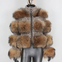 Womens Fur Faux BLUENESSFAIR Winter Jacket Women Real Silver Coat Natural Raccoon Wool Weave Fabric Warm Outerwear Streetwear 231005