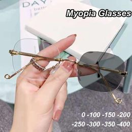 Sunglasses Myopia Glasses For Women Men Fashion Blue Light Blocking Pochromic Vintage Rimless Short Sight Eyeglasses Diopter