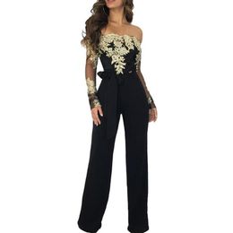 Women's Jumpsuits & Rompers Elegant Off The Shoulder Lace Jumpsuit Women Floral Embroidery Mesh Long Sleeve Romper Wide Leg P272o