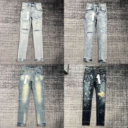 Marca Roxo Jeans Slim Fit Homens Designer Jeans Mais Recente Estilo Cremoso Branco Pant Rua Tendência Buraco Splice Mid Cintura Denim Calças Designers Roupas