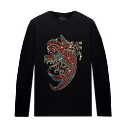 Mens Rhinestone T-shirt Crew Neck Long Sleeves Tops Streetwear Slim Fit Tee Bottoming Shirts for Autumn309d