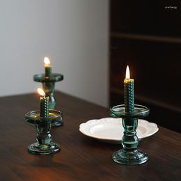 Candle Holders Dark Green Glass Retro European Style Table Candlelight Dinner Decorate Home Decor Simple Fashion