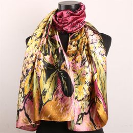 1pcs Peach Plum Gold Lily Flower And Leaves Scarves Women's Fashion Satin Oil Painting Long Wrap Shawl Beach Silk Scarf 160X5211e