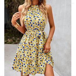 Casual Dresses Sexy Slim Floral Printed Sleeveless Ladies Dress For Vacation High-waist Halter Short Women Fashion Vestidos 26513