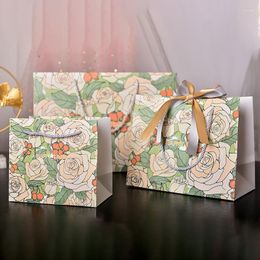 Gift Wrap 1Pcs Flower Printed Paper Tote Bag Champagne Roses Pattern Favor Portable Bags With Ribbons Wedding Engagement Party