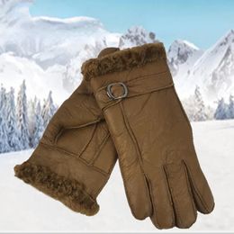 Five Fingers Gloves Fur Integrated Gloves Winter Men's Warm Sheepskin Wool Fivefinger Thickened Wind and Cold Outdoor Riding Leather Gloves 231006