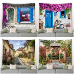 Tapestries Vintage Street Flowers Tapestry Retro Stone Wall Blue Wooden Door Nature Floral Plants Hanging Living Room Courtyard Decor