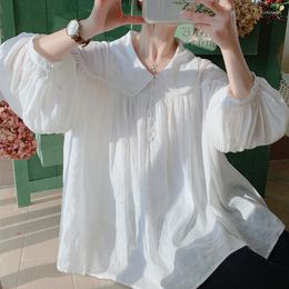 Women's Blouses Summer Fairy White Remie Chic Shirt Lantern Sleeve Loose Waist Women Casual Tops Doll Ladies Transparent Blouse Camisa