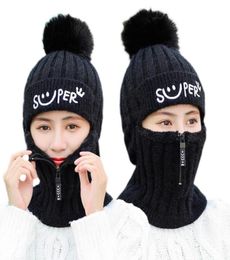 BeanieSkull Caps Women Winter Knitted Beanie Balaclava Hat Letters Embroidery Faux Fleece Lined Zipper Face Mask Neck Warmer Outd8861332