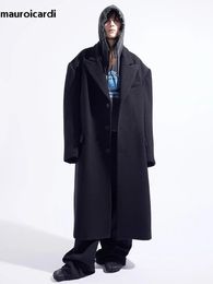 Men's Wool Blends Mauroicardi Autumn Winter Cool Oversized Long Warm Black Woollen Coat Men Luxury Designer Clothes Wool Blends Overcoat 231006