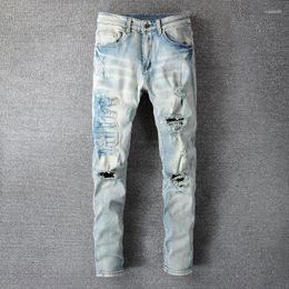 Men's Pants Vintage Hole Letter Patchwork Men Jean Punk Hip Hop Retro Ripped Designer Straight-leg Distressed Casual Long Trousers