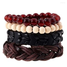 Charm Bracelets 4pcs/set Vintage Boho Braid Brown Black Leather Beige Wood Red Onyx Stone Beads Layers Bracelet Bangles Set Unisex Hand