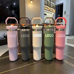 30oz Tumblers With Hanger Double Walled Stainless Steel Insulated Car Mugs Outdoor Camping water Bottles Reusable Leakproof Flip C266G