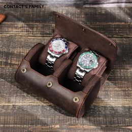 Watch Boxes CONTACT'S FAMILY Retro 2 Slots Roll Case Travel Portable Leather Storage Box Organizer With Slid In Out