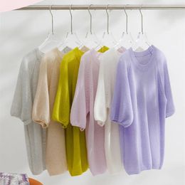 Women's Knits Tees Naizaiga 77% cashmere 23% mulberry silk Shoulder Knitted Short Sleeve T-shirt Female Women pullovers sweater T-shirt BN2 231011