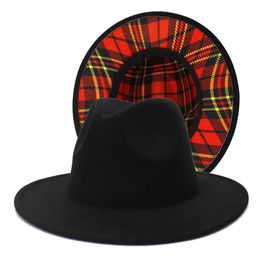 Black and Red Plaid Bottom Patchwork Wool Felt Jazz Fedora Hats for Women Men Wide Brim Two Tone Party Wedding Formal Hat Cap260h