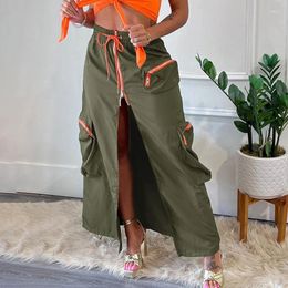 Skirts Women Fashion Pocket Front Slit Slim High Waist Long Maxi Skirt Streetwear Casual Safari Solid Summer Autumn