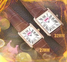 Popular Tank Men Women Square Roman Dial Watch Lovers Rose Gold Silver Case Bracelet Quartz Clock Luxury Genuine Leather Ultra Thin Highend Wristwatch Gifts