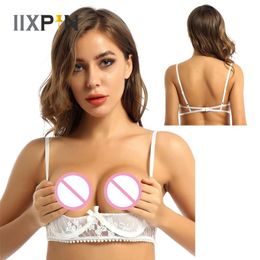 Womens Erotic Lingerie Bra Top See Through Sheer Lace Adjustable Spaghetti Shoulder Straps 1 4 Cups Push Up Underwire Tops Bras158l