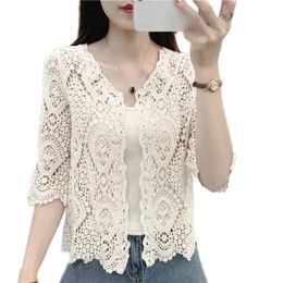 Women's Knits Tees Women Knit Lace Shrug Hollow Crochet Floral 3/4 Sleeve Open Front Crop Cardigan F3MD 231006