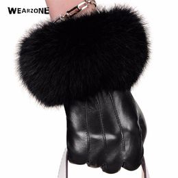 Winter black sheepskin Mittens Leather Gloves For Women Rabbit Fur Wrist Top Sheepskin Gloves Black Warm Female Driving Gloves 201220p