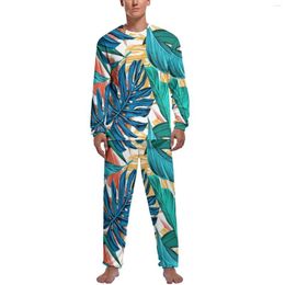 Men's Sleepwear Jungle Palm Leaf Pajamas Autumn 2 Piece Tropical Print Elegant Pajama Sets Man Long Sleeves Sleep Design Home Suit