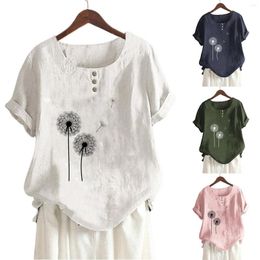 Women's T Shirts Women Summer Round Neck Button Dandelion Print Short Sleeve Shirt Blouse Bleached For Leggings