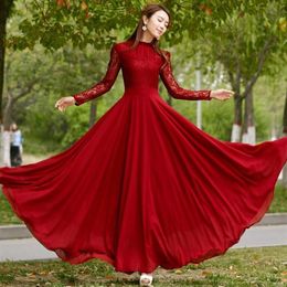 Casual Dresses Vintage Elegant Women Lace Chiffon Long Sleeve Maxi Dress Fashion Boho Party Clothes Woman Vestidos2674