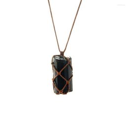 Pendant Necklaces FYJS Unique Jewelry Handmade Weave Wrap Irregular Shape Black Tourmaline Stone Ethnic Style Necklace