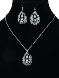 Wedding Jewelry Sets Vintage Turquoises Earrings for Women Boho Silver Color Alloy Blue Stone Flower Carved Drop 231005