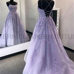 Party Dresses Lilac Lace Prom Dresses Spaghetti Straps Vestido De Fiesta Open Back A Line Women Prom Gowns Long Formal Evening Gow293F