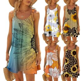 Casual Dresses Women Summer Fashion Beach Vacation Round Neck Sleeveless Sunflower Gradient Print Dress