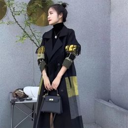 Women's Wool Blends Autumn Winter Women Tassel Wool Coat Women's Elegant Double Breasted Plaid Long Coats Thick Warm Classical Woolen Overcoat 231006