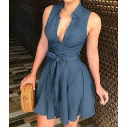 Womens Dress Button Denim Mini Dress Ladies Summer Sleeveless Belted Jeans Long Tops Shirt Dress Asian Size294n