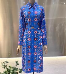 Casual Dresses 2023 Autumn Fashion Style Dress High Quality Women Turn-down Collar Exquisite Prints Belted Long Sleeve Mid-Calf Blue