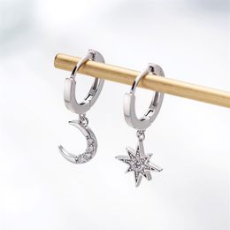 Star Moon Asymmetrical 925 Sterling Silver Cubic Zirconia Hoop Earrings for Women Fashion CZ Circle Ear Ring Earings Jewelry270g