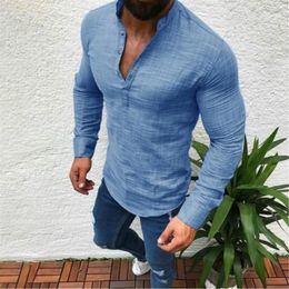 Plus Size Fashion Mens Long Sleeve V Neck Shirt Top Linen Shirts Blouse Cut Collar Pullover Male White Black Blue Gray1245u