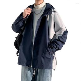 Men's Trench Coats Hong Kong Style Design Jacket Loose Casual Coat Colour Matching Hem Drawstring Hooded Zipper