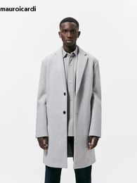 Men's Wool Blends Mauroicardi Autumn Winter Warm Soft Light Grey Woolen Coat Men with Back Slit Single Breasted Luxury Wool Blends Overcoat 231006