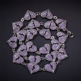 White Gold Plated Iced Out Purple CZ Hearts Chain Necklaces for Mens Women Cool Personality Rapper Jewelry236y